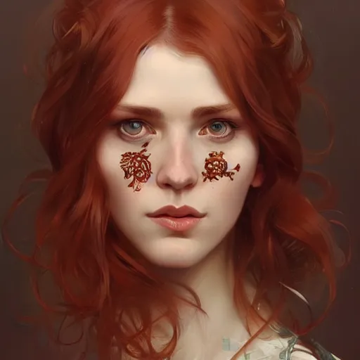 Image similar to A full portrait of Nordic female, 30 years old, brown red long hair, intricate, elegant, highly detailed, digital painting, artstation, concept art, smooth, sharp focus, illustration, art by Krenz Cushart and Artem Demura and alphonse mucha