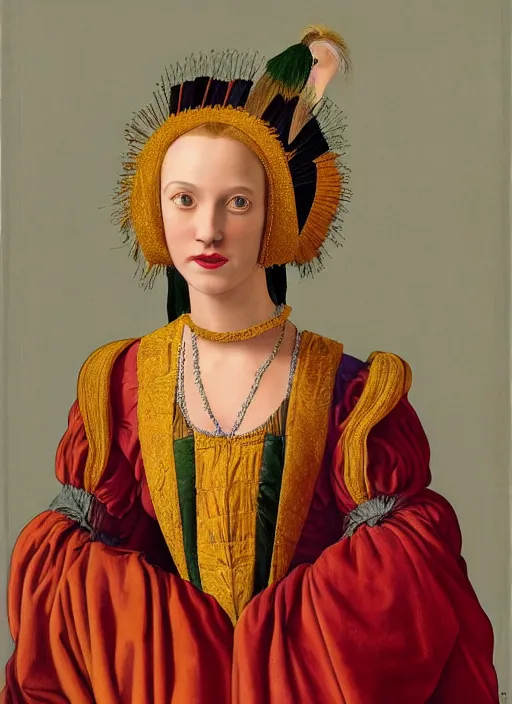 Image similar to portrait of young woman in renaissance dress and renaissance headdress, art by oliviero toscani