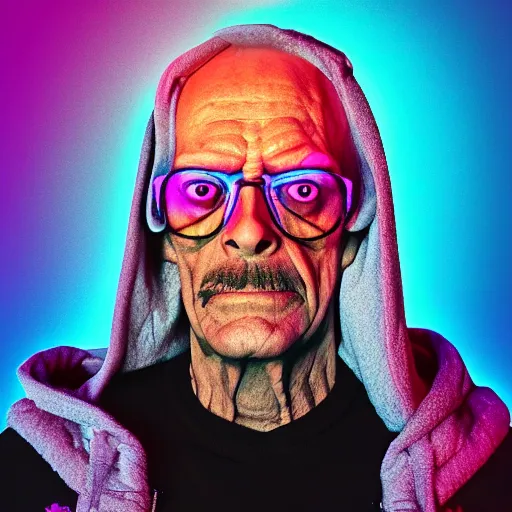 Image similar to skeletor christopher lloyd in hoodie, portrait, vaporwave, synthwave, neon, vector graphics, cinematic, volumetric lighting, f 8 aperture, cinematic eastman 5 3 8 4 film