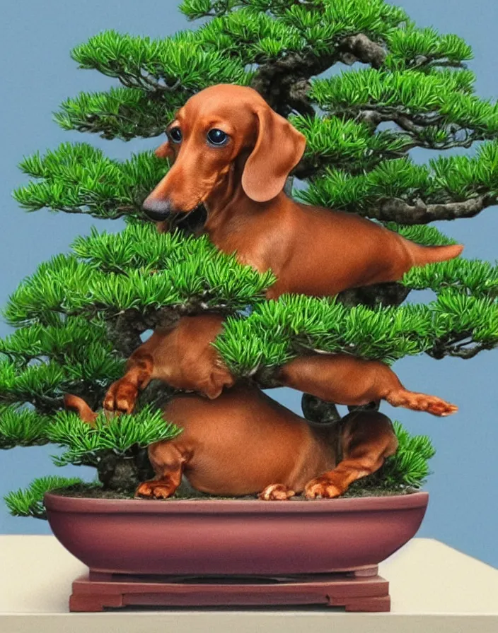 Prompt: dachshund bonsai in a bonsai pot, hyperrealism, high detail