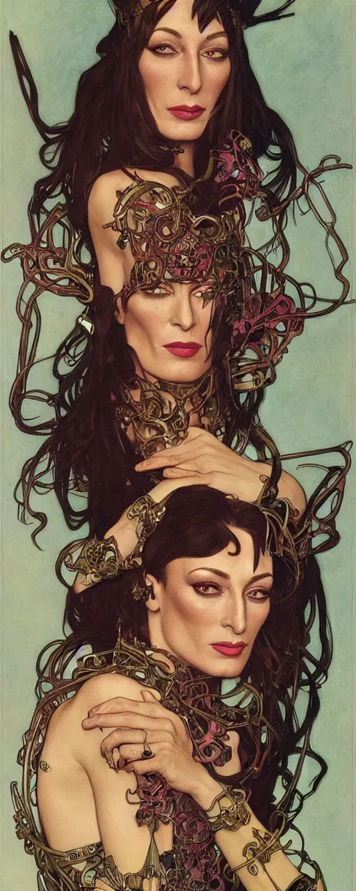 Prompt: striking sensual colorful art nouveau style portrait of anjelica huston as an industrial leatherpunk rebel commander by glenn fabry, simon bisley and alphonse mucha, photorealism, extremely hyperdetailed, perfect symmetrical facial features, perfect anatomy, ornate declotage, spikes, latex, excited expression, wild eyes