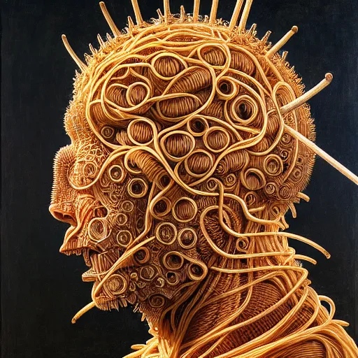 Image similar to zoomed out half boy half rhino made of spaghetti, intricate armor made of spaghetti fractals, ancient warrior, samurai style, by giuseppe arcimboldo and ambrosius benson, renaissance, intricate and intense oil paint, a touch of beksinski, realistic