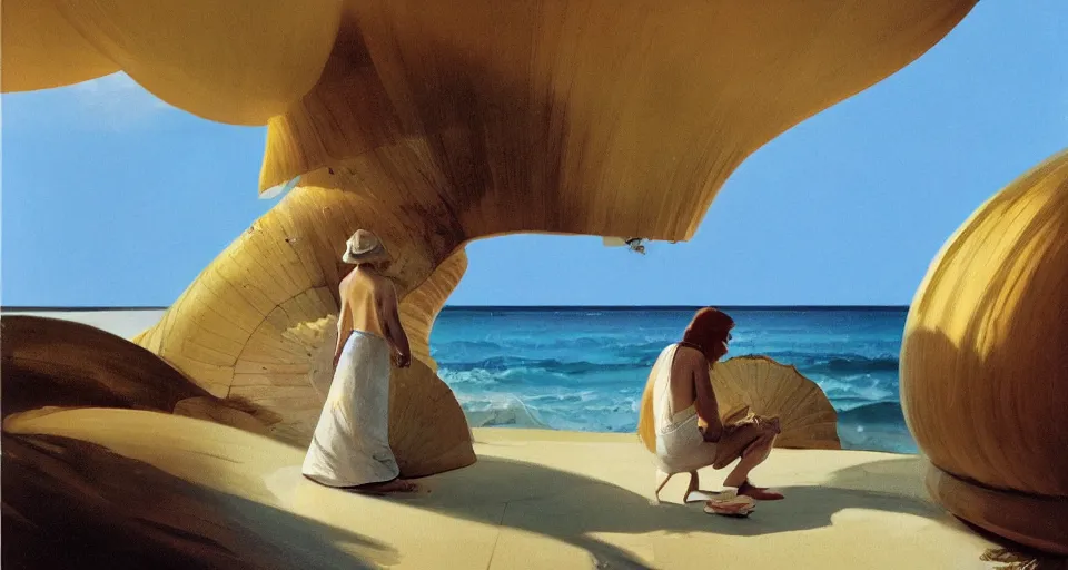 Image similar to a hermit girl standing outside her big seashell home, atmospheric cinematography by syd mead