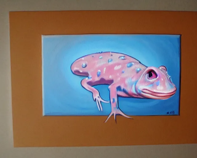 Image similar to a guy billout painting of an axolotl