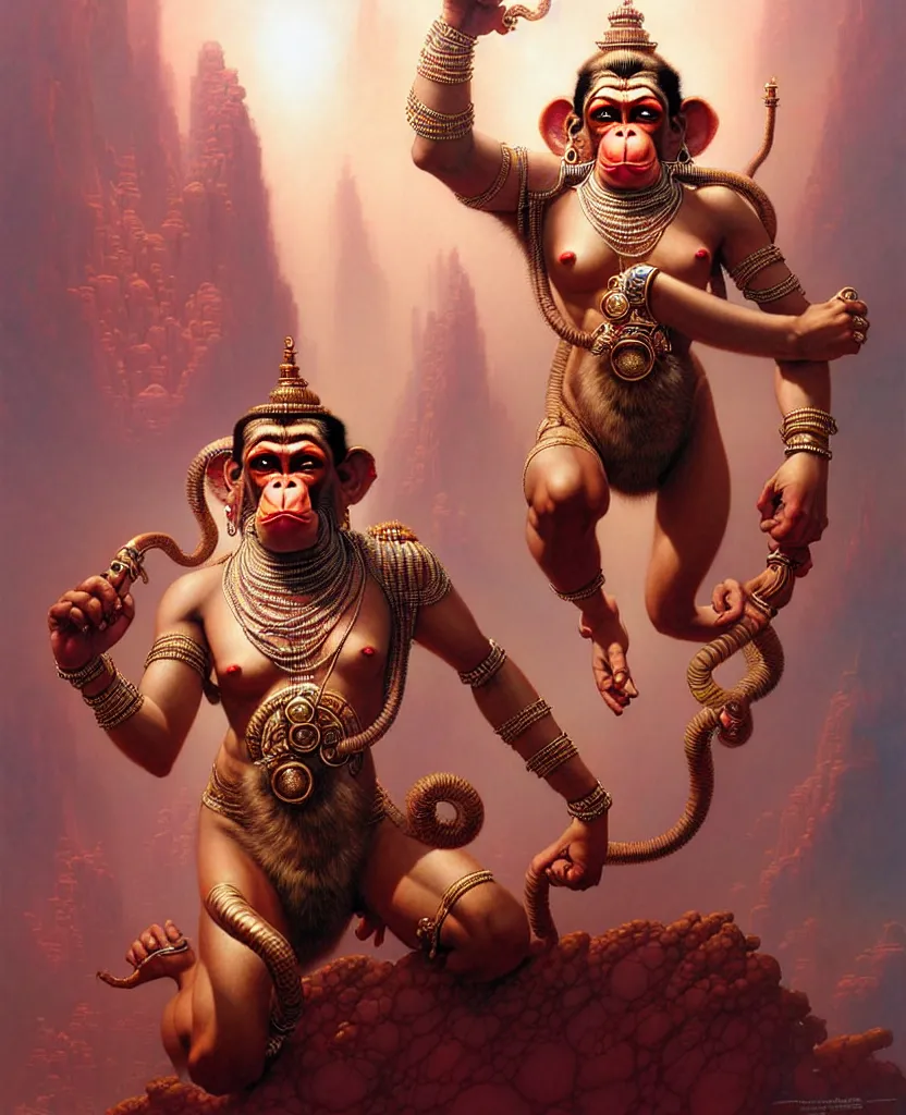 Image similar to beautiful hanuman fantasy character portrait, ultra realistic, wide angle, intricate details, the fifth element artifacts, highly detailed by peter mohrbacher, hajime sorayama, wayne barlowe, boris vallejo, aaron horkey, gaston bussiere, craig mullins