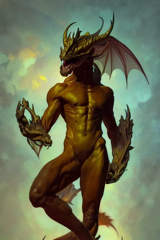 Image similar to full figure beautiful young fit antrophomorphic male dragon, frontal view, no wings, luminous scene, by greg rutkowski and alphonse mucha, d & d character, gradient yellow to red, in hell, highly detailed portrait, digital painting, artstation, concept art, smooth, sharp focus illustration, artstation hq