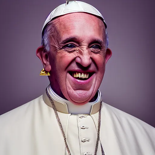 Image similar to portrait of a pope, wearing gold gangster chains, with gold teeth, studio portrait, studio lighting, studio photography, 5 0 mm, 4 k