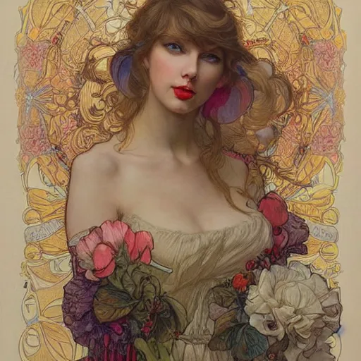 Prompt: romantic painted portrait of taylor swift by james jean, mucha