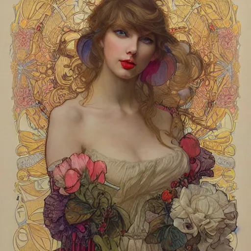 Image similar to romantic painted portrait of taylor swift by james jean, mucha