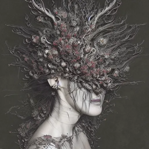 Prompt: ornate, intricate, young, beautiful, woman, fractal patterns, ethereal, flowers covering eyes, flowing hair, cinematic by Tsutomu Nihei by Emil Melmoth, Gustave Dore, Craig Mullins, yoji shinkawa, skulls, artstation, pete morbacher, hyper detailed, high detail, artstation, rendering by octane, unreal engine, cinematic, ghost, clouds, colors, paint strokes, butterflies, gold, crown,