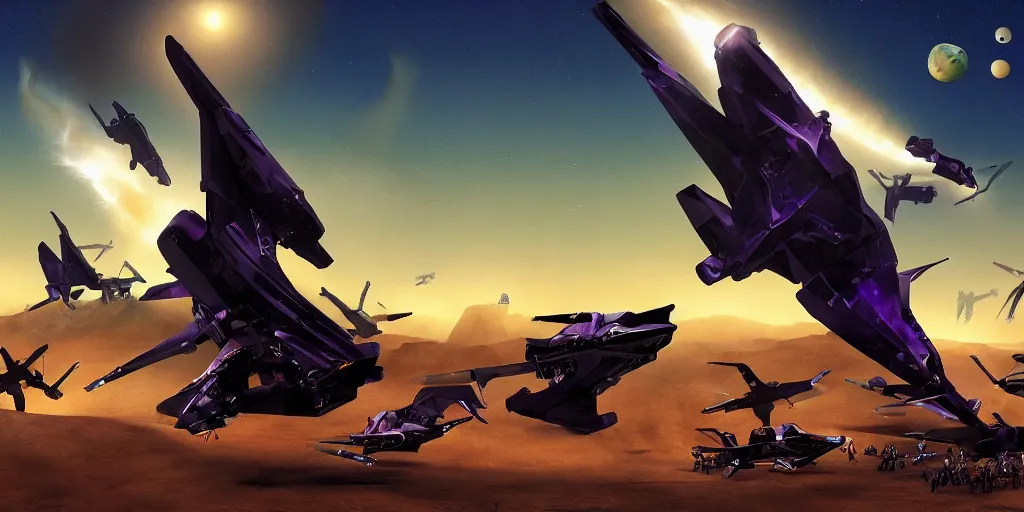 Image similar to neoteric depiction of a battlefield with horses riding drones and militarized turtles, weapon design by zaha hadid, y 2 k aesthetic, dark purple background, chesley bonestell, 4 k