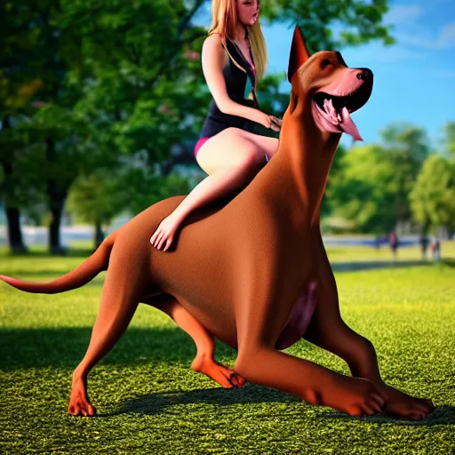 Image similar to girl riding a giant doberman dog in the park, trending on artstation