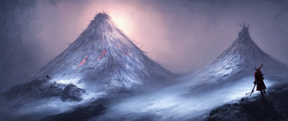 Image similar to digital painting of a frozen ice covered volcano, style sekiro, concept art, high angle, high detail, cold lighting, dark, vivid, beautiful, trending on artstation, by Jordan grimmer, no focus, huge scene, terrain visible