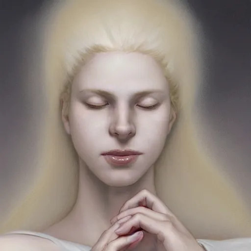 Image similar to A pregnant albino woman with closed eyes smiling, very detailed sharp angular masculine face, hooked nose and square jaw long fluffy curly blond hair, (12x) extremely pale white skin, light blond hair, gorgeous, beautiful, intricate, highly detailed, digital painting, artstation, concept art, sharp focus, illustration, art by greg rutkowski and alphonse mucha