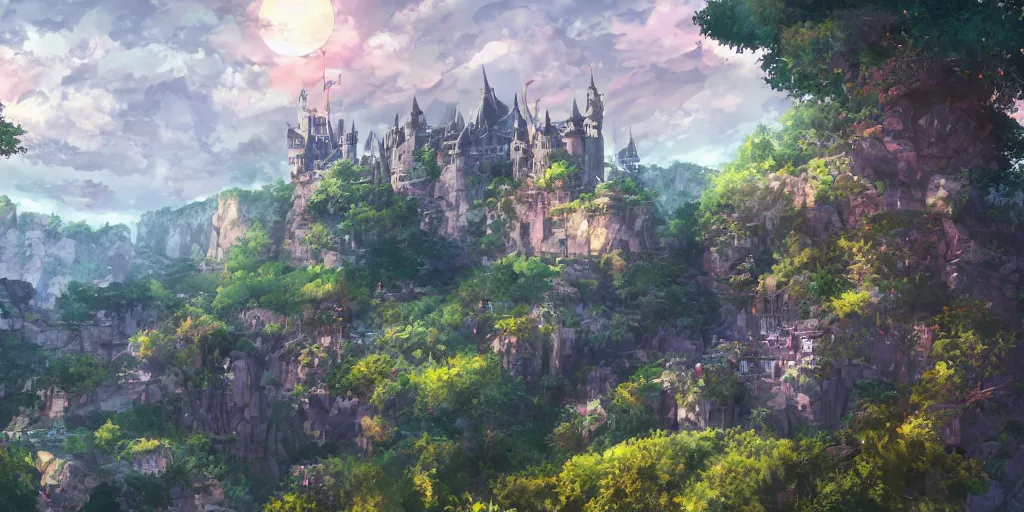 Prompt: in the middle of the fantastic wilderness stands the castle, wide, dream, shinkai makoto, rich colors, height lighting, illustration, crazy detail, hyper - detail