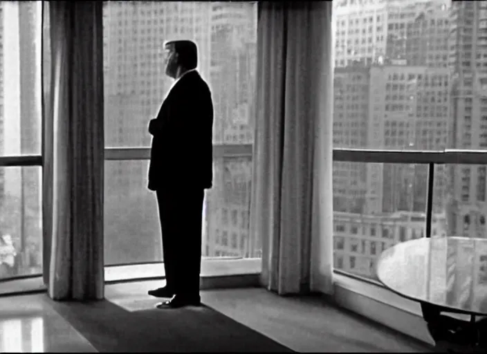 Image similar to screenshot cinematic wide shot from moody scene of Donald Trump pensive in trump tower apartment, from the film High and Low, 1963 directed by Akira Kurosawa, kodak film stock, black and white, anamorphic lens, 4K, detailed, stunning cinematography and composition shot by Takao Saito, 70mm