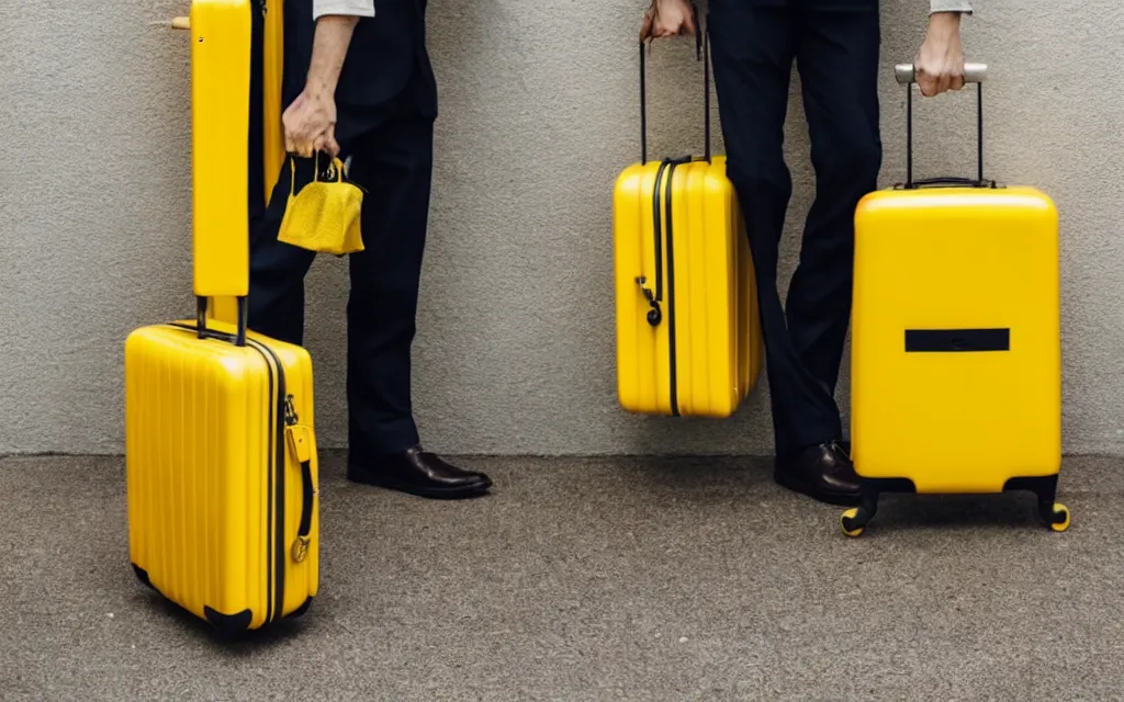 Prompt: a man standing in a doorway holding a yellow and black suitcase