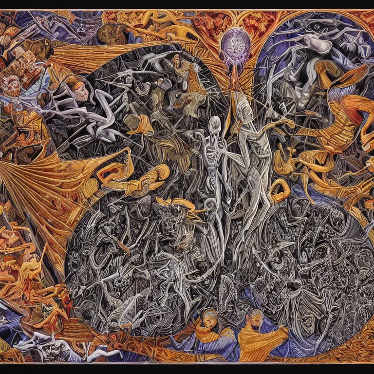 Image similar to meaning of death by Alex Grey and M. C. Escher collaboration