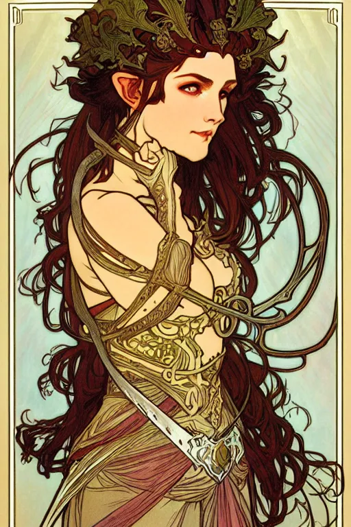 Image similar to head and shoulders portrait of an eldritch knight, elf, beautiful, female, breastplate, magical, high fantasy, d & d, by alphonse mucha, face details, extremely detailed, digital illustration