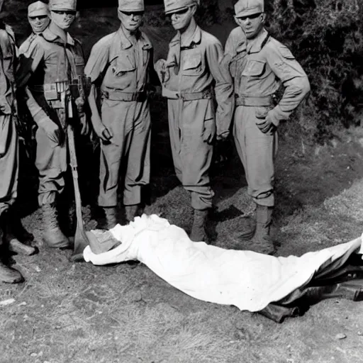 Prompt: group of soldiers posing by the dead body of an alien, 1 9 4 7, black and white