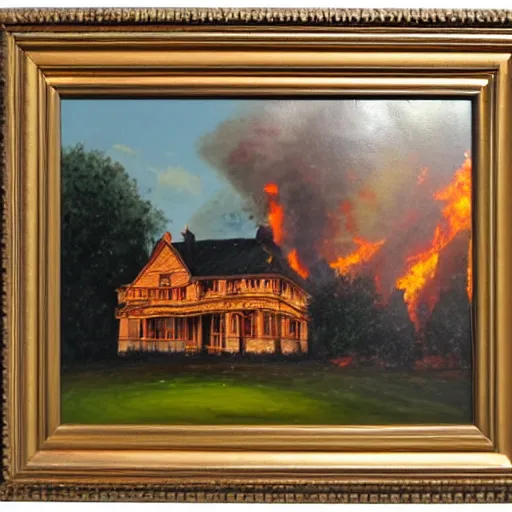 Image similar to A Queen Anne style victorian house on fire, oil on canvas