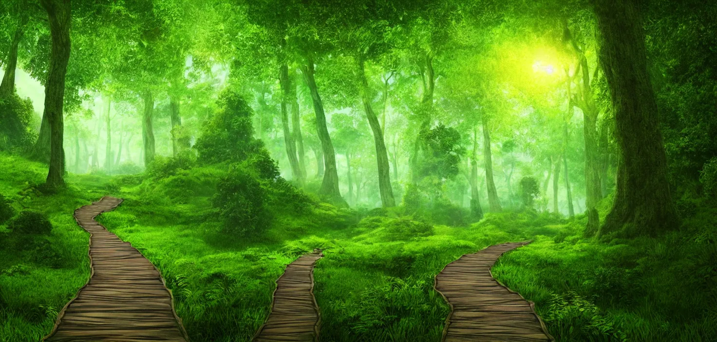 Image similar to a wooden path in the middle of a lush green forest octane render, a detailed matte painting by john eyre, shutterstock contest winner, art magical realism, enchanting, matte painting, mystical, vector style