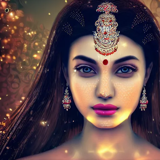 Prompt: portrait of wonderful hindi princess of diamond with radiant skin, ornate with diamonds, 8 k, gorgeous, intricate, detailed, glowing white accent lighting, dramatic lighting, octane render