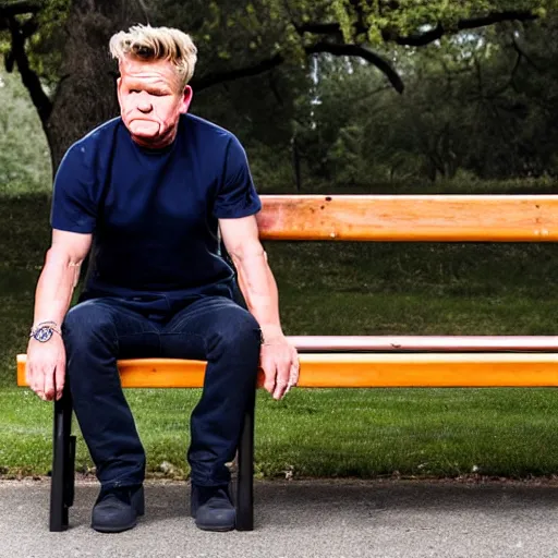 Image similar to dslr photo still of sad gordon ramsay sitting on a park bench with a tear on his cheek, 8 k, 1 1 0 mm f 1 6