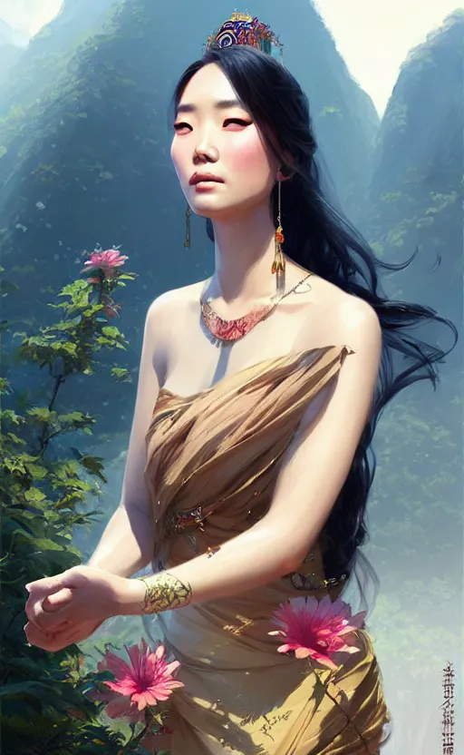 Image similar to a beautiful taiwan goddess with sundress with jewelry | | winter, realistic shaded, unpleasant face, good looking, fine details, realistic shaded lighting poster by greg rutkowski, magali villeneuve, artgerm, jeremy lipkin and michael garmash and macoto takahashi