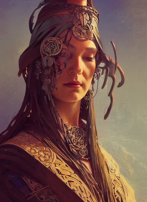 Prompt: portrait of futuristic shaman, fantasy, medieval wear, intricate, elegant, highly detailed, digital painting, artstation, concept art, smooth, sharp focus, illustration, art by artgerm and greg rutkowski and alphonse mucha