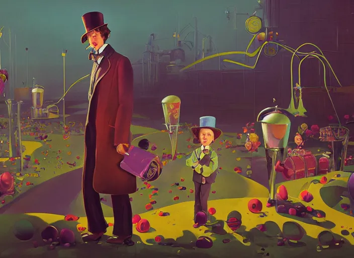 Image similar to film still of Willy Wonka's and the Chocolate Factory 1971 artwork made by Sergey Kolesov