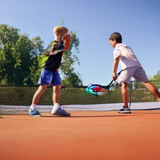 Prompt: a father and a son playing tennis