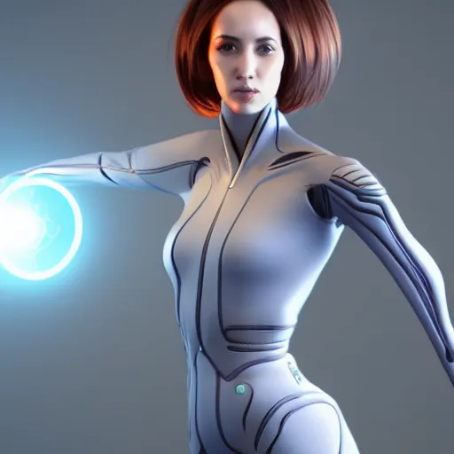 Image similar to a woman in a futuristic suit holding a glowing light, a computer rendering by Artgerm, featured on cgsociety, afrofuturism, daz3d, zbrush, futuristic