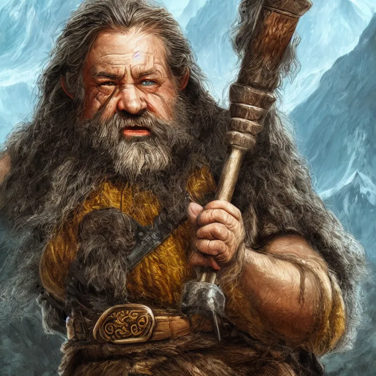 Image similar to dwarf with hammer in mountains, lord of the rings style, fantasy, poster, character portrait, portrait, close up, concept art, intricate details, highly detailed, full body, 8 k, detailed face, body