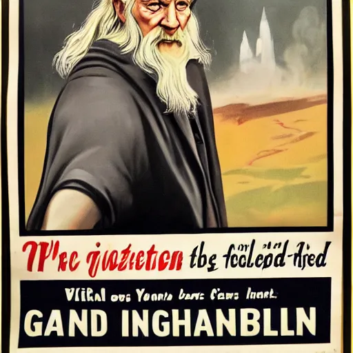 Image similar to a 1 9 4 0 s propaganda wanted poster of gandalf