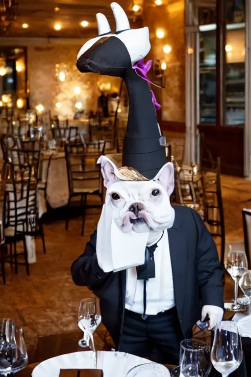 Image similar to a dog - headed waiter at the reception of a fancy restaurant