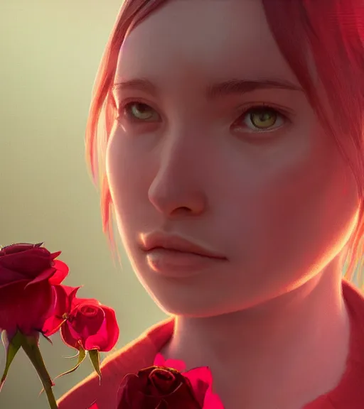 Image similar to highly detailed macro shot of a human portrait of a rose, unreal engine, loish, rhads, makoto shinkai and tom bagshaw, reflective global illumination, god rays, detailed and intricate environment