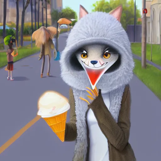 Image similar to furry art of female alligator walking down the street holding an icecream cone, digital art, artstation, 4K, detailed, detailed fur, wearing grey hoodie, zootopia, detailed face, anthromorphic,