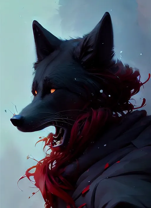 Image similar to award winning portrait of a male anthropomorphic black wolf long red hair. character design by cory loftis, fenghua zhong, ryohei hase, ismail inceoglu and ruan jia. artstation, artistic lighting, highly detailed, photorealistic, fantasy