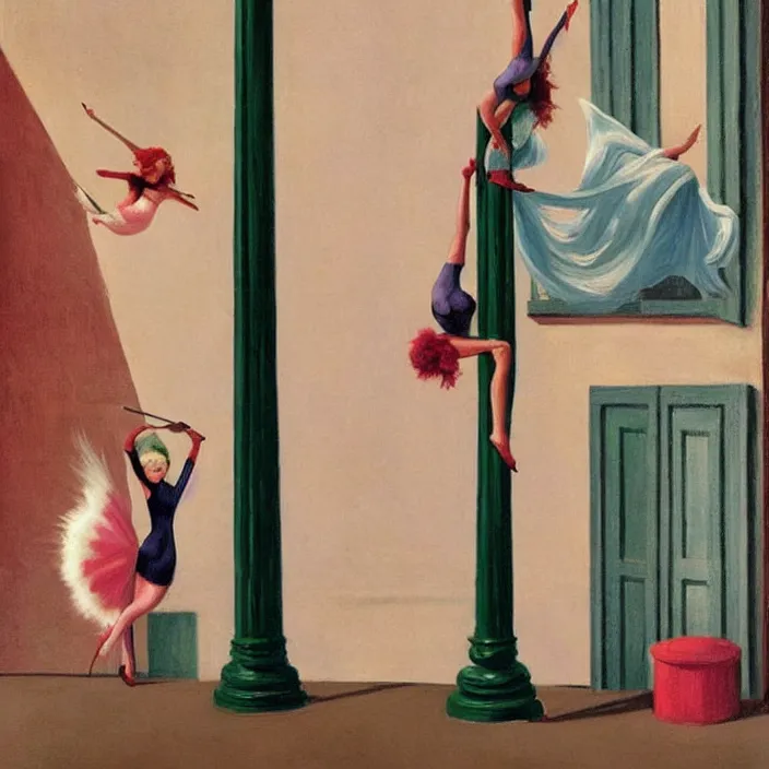 Image similar to pole dancing fairies in the style of Edward Hopper and Rene Magritte, highly detailed