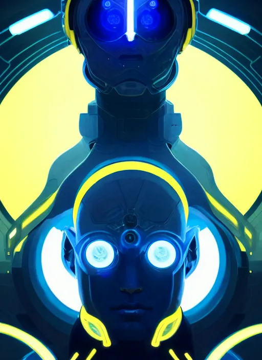 Image similar to symmetry!! portrait of a man, sci - fi, tech wear, blue and yellow glowing lights!! intricate, elegant, highly detailed, digital painting, artstation, concept art, smooth, sharp focus, illustration, art by artgerm and greg rutkowski and alphonse mucha