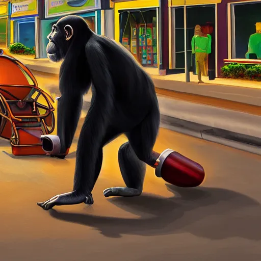 Image similar to a chimpanzee picking up pennies in a street with a large steamroller in the background, dramatic lighting, highly detailed digital painting
