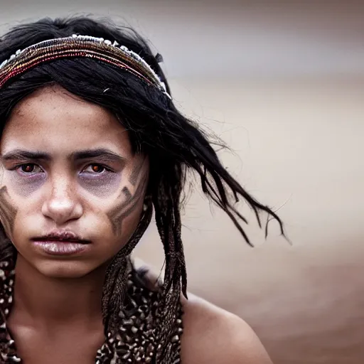 Image similar to a portrait of a maori girl with bottom lip tattoos female, dark eyes, dark hair, olive skin, depth of field, zeiss lens, detailed, centered, artstation, fashion photoshoot, by Annie Leibovitz and Steve McCurry, David Lazar, Jimmy Nelsson, Breathtaking, 8k resolution, extremely detailed, beautiful, establishing shot, artistic, hyperrealistic, beautiful face, octane render