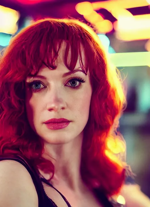 Image similar to upper body photograph portrait of a very pretty!!! christina hendricks in cyberpunk 2 0 7 7, symmetric face, petzval lens, sharp focus, smooth, space station. by alesio albi and george lucas and stanley kubrick