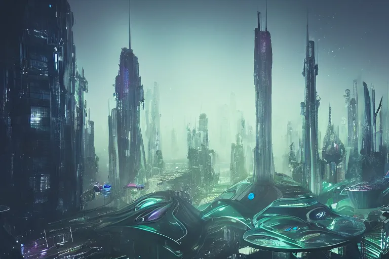 Image similar to a futuristic image of an alien swampland with gigantic complex shaped tower with tubes intersecting, by James clyne, foggy, cyberpunk city in the distance, iridescent, artstation, CG society, Ariel view