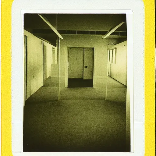 Prompt: A polaroid photograph of empty endless rooms, yellow patterned wallpaper on the walls, moist dirty carpet, unnatural fluorescent warm lights lighting the scene