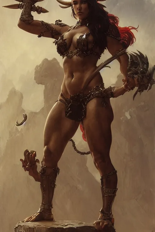 Image similar to a female muscular devil with horns, wearing leather bikini, holding trident, art by artgerm and greg rutkowski and edgar maxence and alphonse mucha 8 k, high detail, fantasy art, dnd, artstation,
