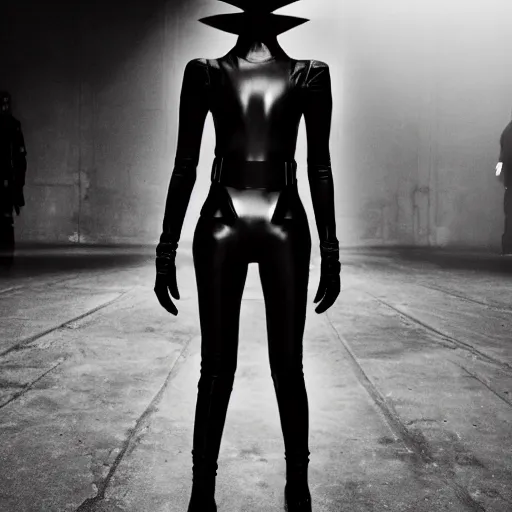 Image similar to fashion photography of an extraterrestrial model, holding a leather whip, wearing demobaza fashion, inside berghain, berlin fashion, harness, futuristic fashion, dark minimal outfit, photo 3 5 mm leica, hyperdetail, berghain, 8 k, very detailed, photo by nick knight