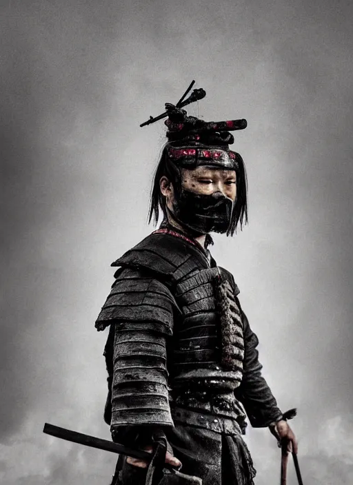 Prompt: samurai portrait photo, wearing all black mempo mask, after a battle, war scene, dirt and unclean, extreme detail, cinematic, dramatic lighting render, extreme photorealism photo by national geographic, hendrick kerstens, masterpiece