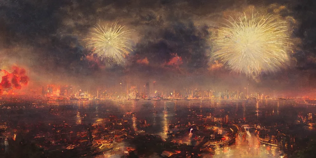 Prompt: painting of Singapore city with a lion-shaped cloud in the sky and fireworks in the sky, red and white lighting by Solomon Joseph Solomon and Richard Schmid and Jeremy Lipking victorian genre painting full length portrait